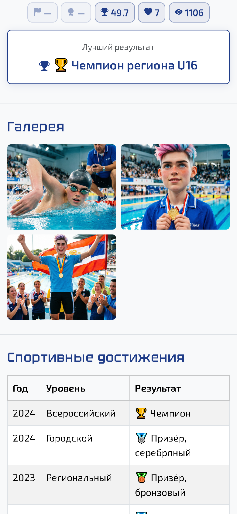 Публичный вид спортивного портфолио, которым можно поделиться ссылкой